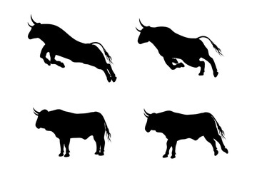 Black vector bull silhouette in running, jumping and walking poses.