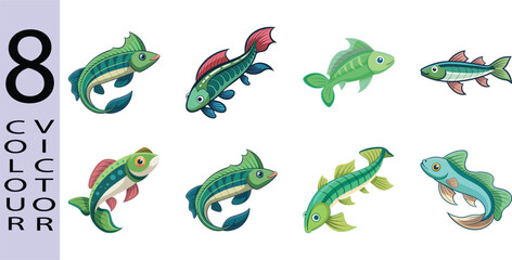Eight Colorful Cartoon Fish Illustrations; Vibrant Vector Graphics for Kids.
