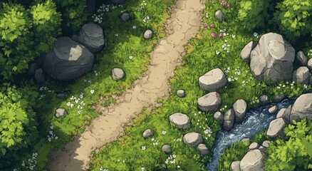 A sun-drenched forest path winds beside a babbling brook.