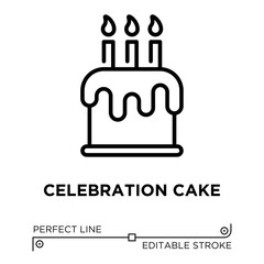 Vector line icon related to celebration cake. Perfect Line. Editable Stroke.