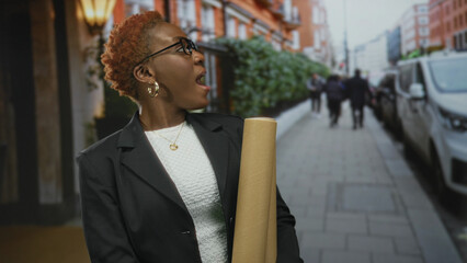 Young african american woman studying rolled blueprints while looking upward on street; confidence...