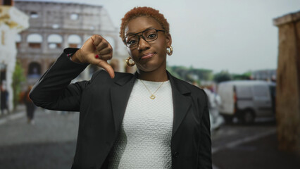 Young african american woman showing thumb down gesture outdoors in front of roman coliseum;...