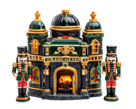 Holiday fireplace decoration with nutcracker figures, festive building, gold accents, green and red details, Christmas ornament, joyful winter home decor
