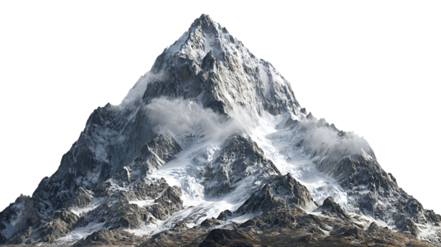 A majestic snowcapped mountain peak shrouded in clouds against white isolated on transparent background