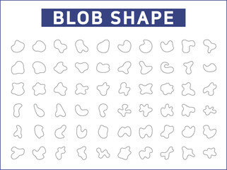 Black liquid shapes set. Abstract blotches, ink smudges and pebble silhouettes, simple liquid elements. Organic shapes, black forms, grid pattern. Artistic black shapes, unique forms, grid design.