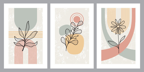 Collection of contemporary art posters in pastel colors. Abstract paper cut geometric elements and strokes, leaves and dots. Great design for social media, postcards, print.