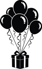 A delightful gift box with a bow is lifted by a bunch of festive balloons, creating a charming and celebratory graphic element perfect for birthdays and special occasions.