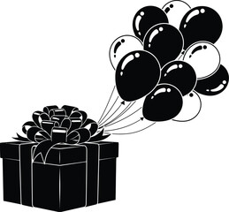 A delightful gift box tied with a bow is lifted by a bunch of balloons, creating a festive and celebratory monochrome design perfect for invitations or greetings.