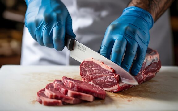 Close up of a butcher wearing blue gloves skillfully slicing a raw beef steak with a sharp knife on a white cutting board