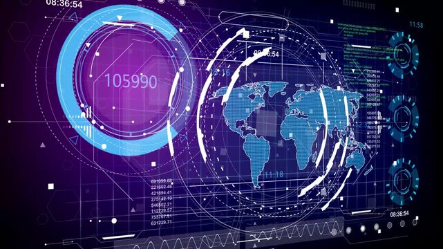 Futuristic world map hologram with dynamic data display presents global analytics, digital connectivity, and high-tech visualization, ideal for business, cyber technology, and virtual interfaces. - Powered by Adobe