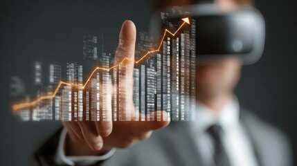 Businessman touches VR globe and rising bar chart, symbolizing innovation, global data insights, and smart economic forecasting