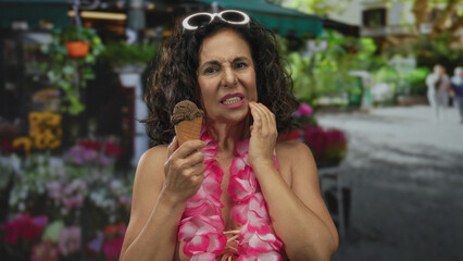 Woman wearing lei with ice cream in flower shop expresses discomfort, showcasing a blend of...