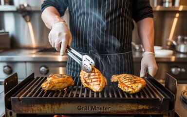 Close up of a chef wearing gloves and an apron using tongs to flip seasoned chicken breasts cooking on a hot grill in a professional kitchen