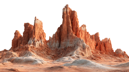 Surreal alien landscape with jagged orange rock formations isolated on transparent background