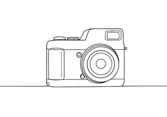 Minimalist line drawing of a camera on a transparent background resting on a flat surface creating a clean and simple composition