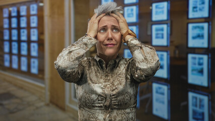 Caucasian woman with short hair holds head with both hands for headache in front of real estate...