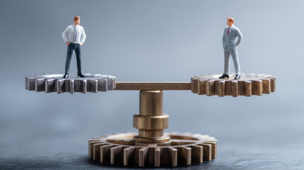 Two professionals balance work and ideas, standing on opposite sides of a scale to depict teamwork and equilibrium