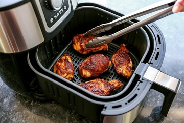 Close up of delicious golden brown chicken wings being removed from a black air fryer basket with metal tongs for serving