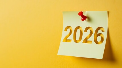 Golden year 2026 cut out on a yellow sticky note pinned to a vibrant yellow wall representing future plans and goals