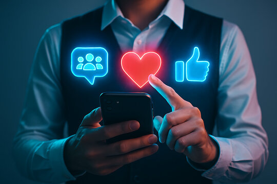 Tapping heart icon on smartphone with user interface showing digital love reaction and social media engagement concept in mobile marketing