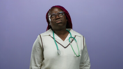 Woman with stethoscope against purple background stands confidently in isolated setting highlighting her profession and expression of contemplation.