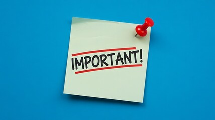 A white sticky note with the word important written in bold red letters and underlined with red lines pinned to a bright blue background