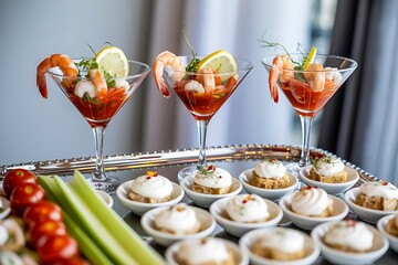 Three elegant shrimp cocktail appetizers served in martini glasses with lime wedges and garnishes on a silver tray with small bites