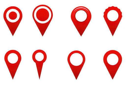 Diverse collection of red map pointer icons for locationbased applications and navigation systems set against a clean transparent background
