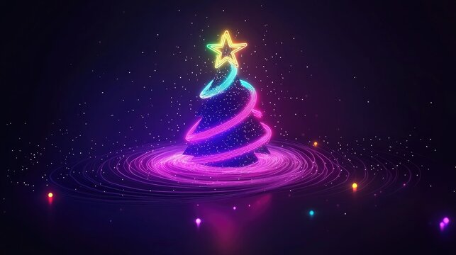 Glowing Christmas Tree with Star and Colorful Light Trails