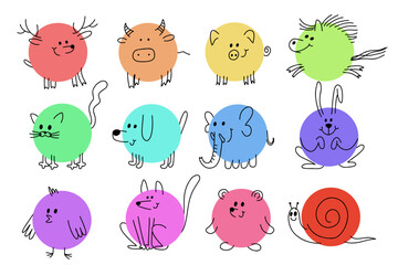 Big collection of simple stickers with smiling animals drawn with pencil lines in a circle. Cute pictograms depicting cat, chicken, bear, elephant, snail, dog, horse, deer, fox, cow, pig and hare.