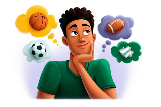 Boy with thoughtful expression considering different sports options. Colorful thought bubbles display basketball, soccer, football, and academic pursuits - Powered by Adobe