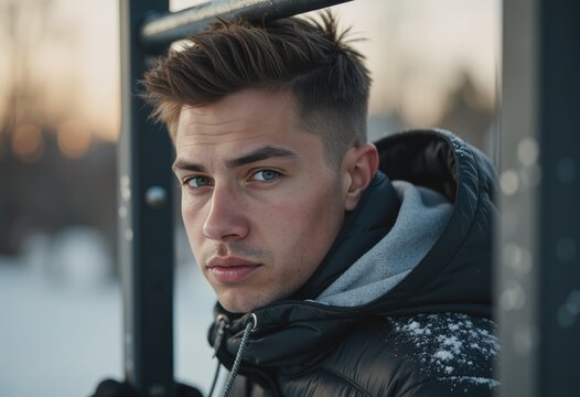 Calisthenics athlete performing pull-ups on winter outdoor equipment