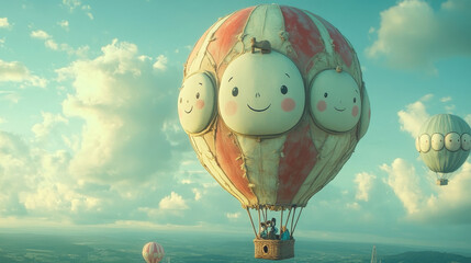 Whimsical Pastel Hot Air Balloon with Cute Faces Soaring Over a Dreamy Landscape