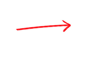 Hand-drawn arrow pointing right in vibrant red against a clean white backdrop on transparent background