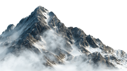 Majestic snowcapped mountain peak shrouded in ethereal mist isolated on transparent background