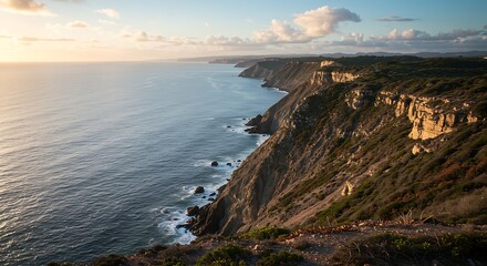 Naklejka premium A stunning coastal landscape at sunset, featuring rugged cliffs covered in vegetation meeting the calm, deep-blue ocean under a dramatic sky with golden light.