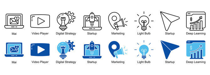Digital Marketing, Startup & Strategy Icon Set - Outline and Duotone 