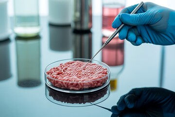 Close up of a gloved hand using tweezers to carefully place a sample of cultured meat in a petri dish for laboratory analysis
