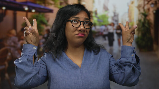 Woman wearing glasses and a blue blouse making finger quotes gesture and rolling eyes on street; sarcasm skepticism.