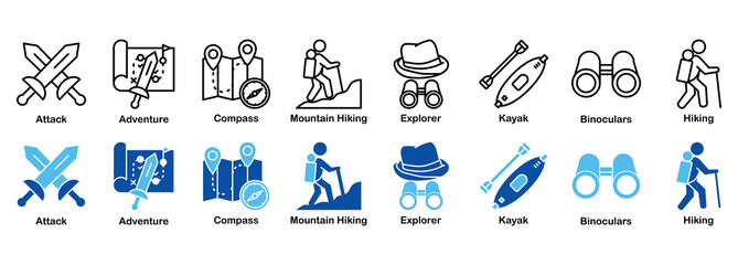 Outdoor Adventure, Hiking & Exploration Icon Set - Outline and Duotone 