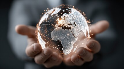 Businessperson holding glowing digital globe with abstract technology lines, symbolizing global connection, data innovation, and futuristic corporate strategy