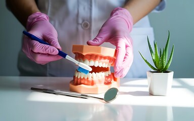 Dentist demonstrating proper tooth brushing technique on a dental model with a toothbrush and paste highlighting oral hygiene