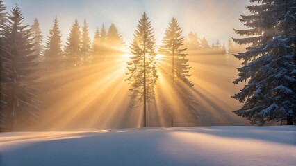 Golden sunbeams pierce through snow covered pine trees creating a magical winter forest landscape at sunrise