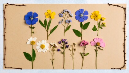 Obraz premium Pressed wildflowers arranged on kraft paper