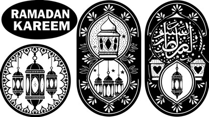 Obraz premium Illustrations of ramadan kareem greetings with islamic lanterns and calligraphy in black and white style