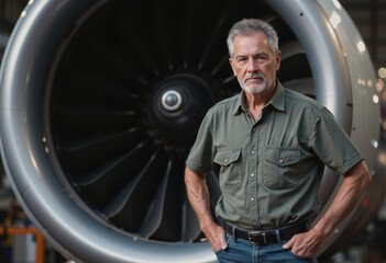 Aircraft mechanic inspecting jet engine components with expertise and focus
