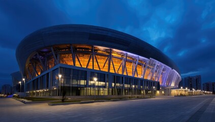 Obraz premium Modern football stadium exterior, front view, evening lighting, exterior lights on the stands and building, architectural photography.