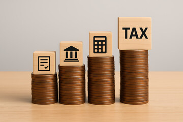 Tax planning financial concept showing stacked coins with blocks featuring calculator document and institution icons representing regulation economy and business accounting management
