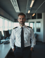 Fototapeta premium Air traffic controller in uniform monitoring flight operations in control tower