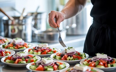 A chef carefully garnishes freshly prepared individual salads with a fork showcasing vibrant ingredients for a healthy meal presentation